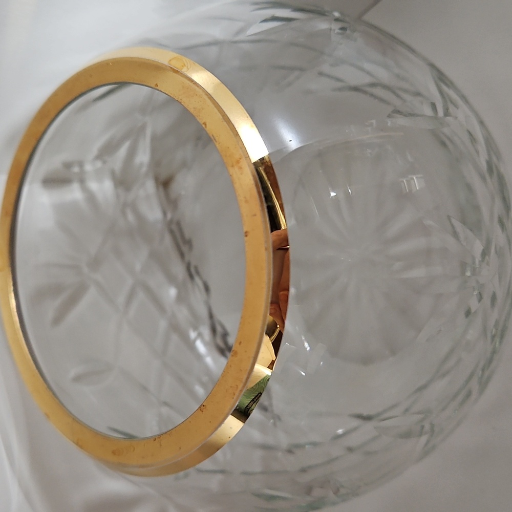 Vintage Hand-Cut Crystal Rose Bowl Vase with Gold Rim